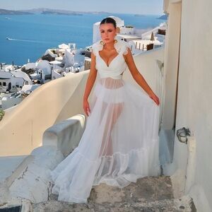 Mac Duggal White Sheer Long Dress Beach Vacation Dress Sz 2